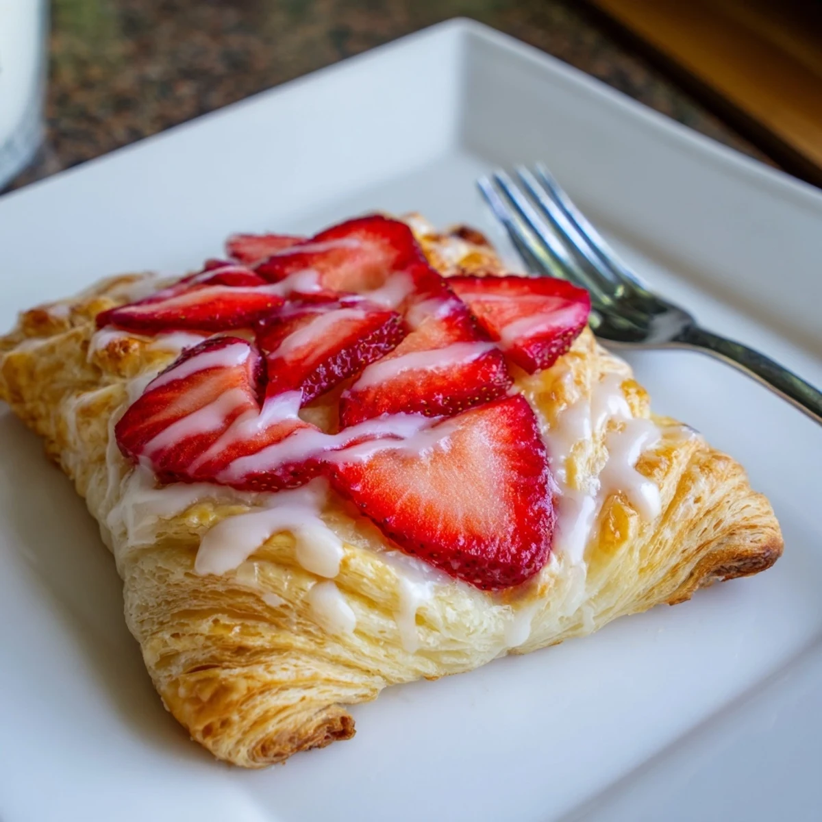 Golden strawberry danishes with flaky puff pastry and sweet cream cheese filling