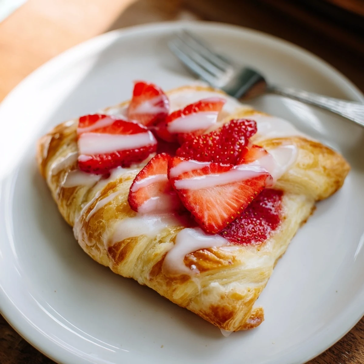 Fresh strawberry danishes drizzled with vanilla glaze on a white serving plate