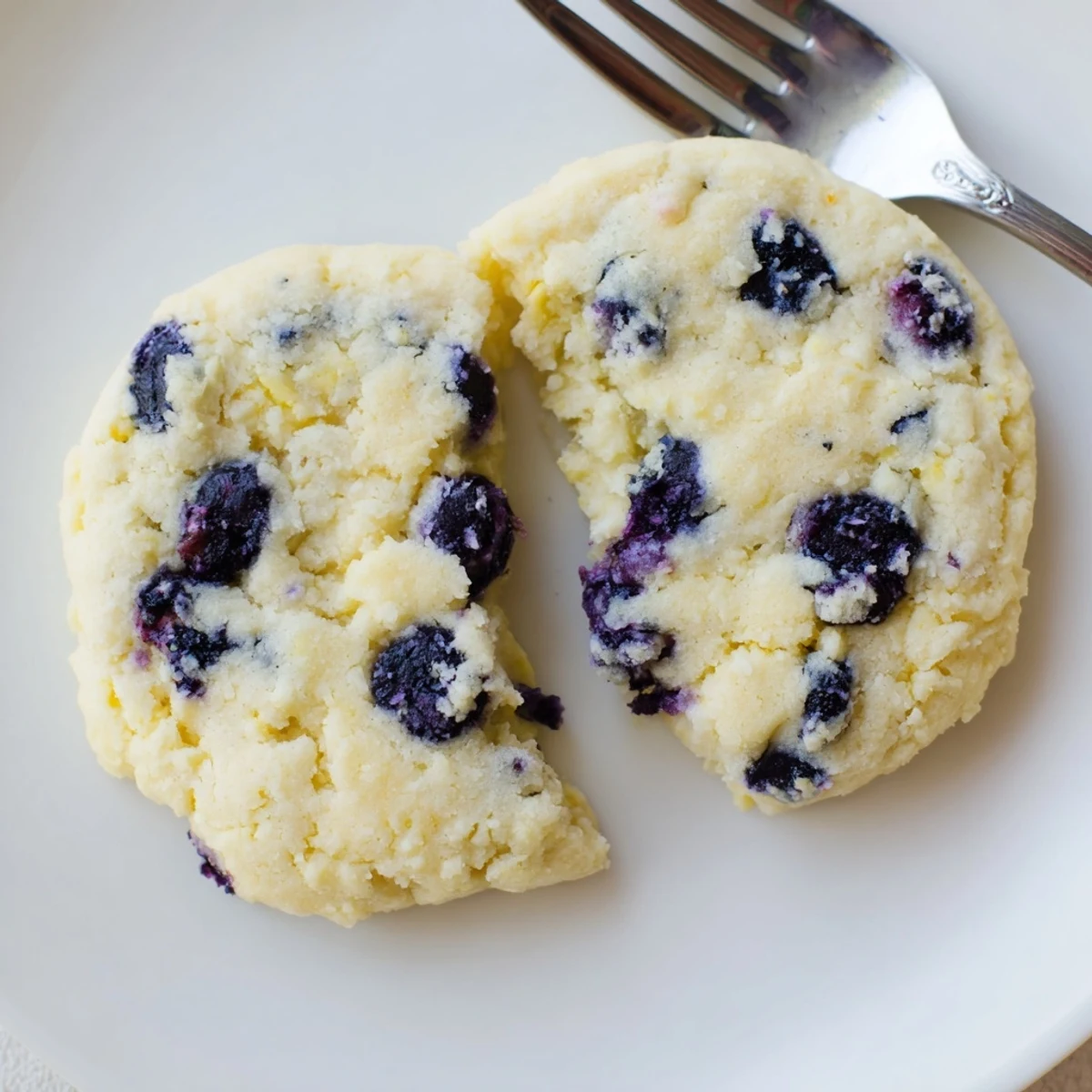 Soft lemon blueberry cheesecake cookies with fresh blueberries and golden edges on a white plate