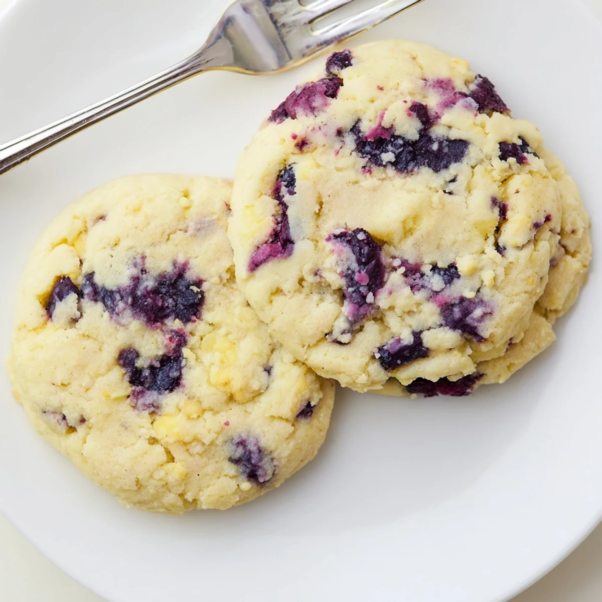 Creamy lemon blueberry cheesecake cookies bursting with tart berries and zesty lemon on a baking sheet