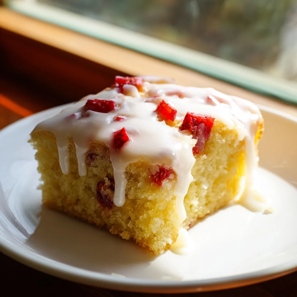 Golden strawberry lemon blondies drizzled with white lemon glaze on a rustic wooden board