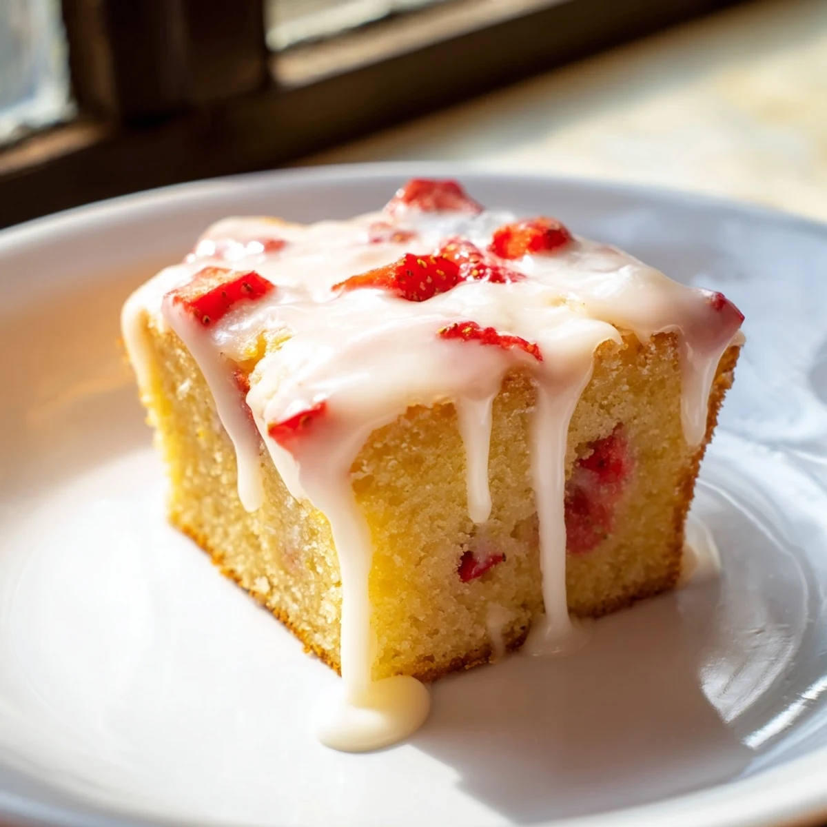 Chewy lemon glazed blondies studded with fresh red strawberries cut into squares on a plate