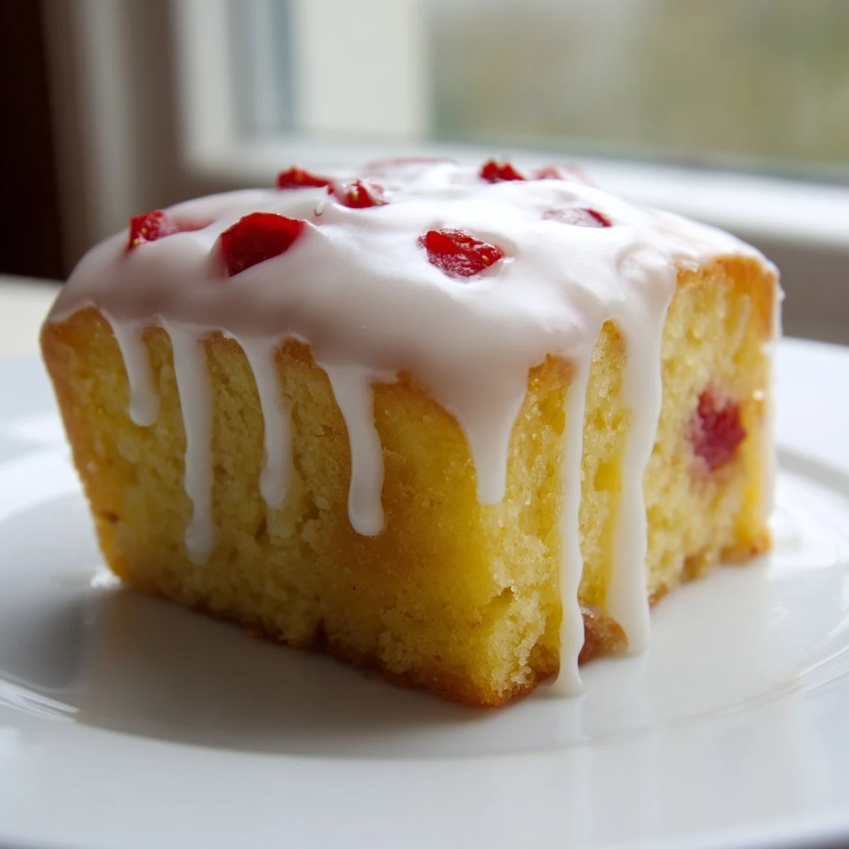 Baked strawberry lemon blondies topped with tangy white glaze and fresh strawberry slices