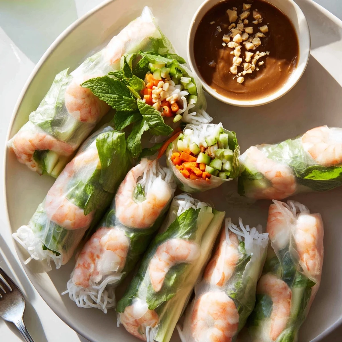 Fresh Vietnamese spring rolls with translucent rice wrapper revealing vibrant vegetables, shrimp, and vermicelli noodles plated alongside creamy peanut dipping sauce