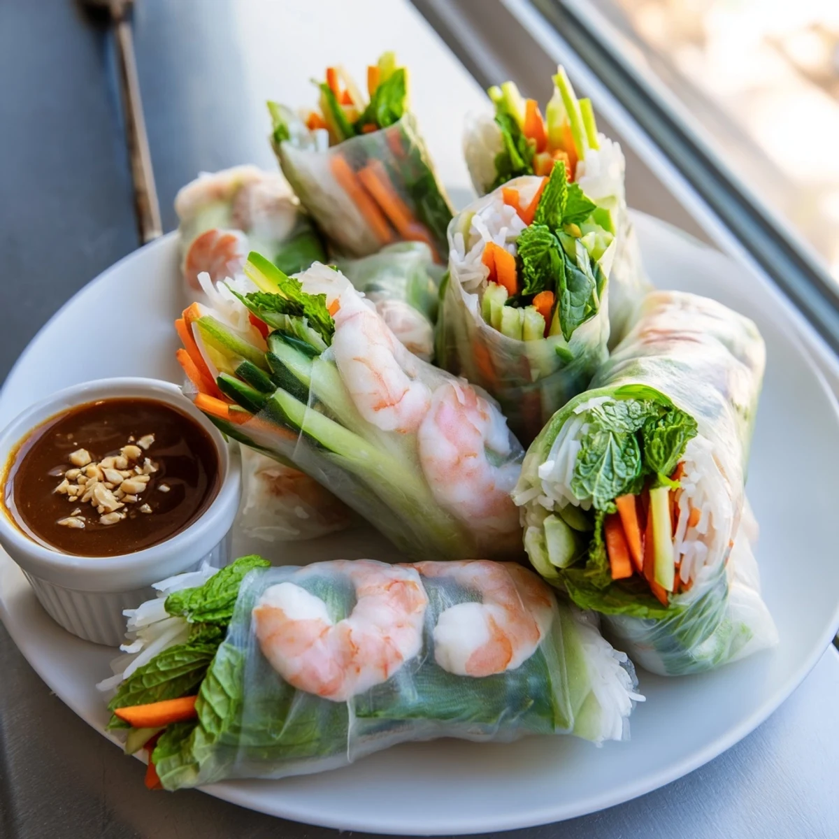 Homemade Vietnamese spring rolls featuring pink shrimp, crisp julienned carrots, cucumber, and fragrant herbs tightly wrapped in delicate rice paper