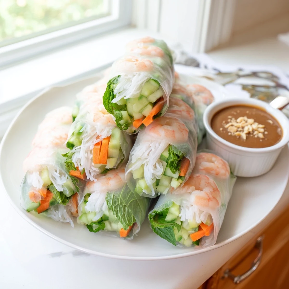 Light and refreshing Vietnamese spring rolls arranged on serving board with green lettuce, mint, cilantro, and savory peanut sauce for dipping