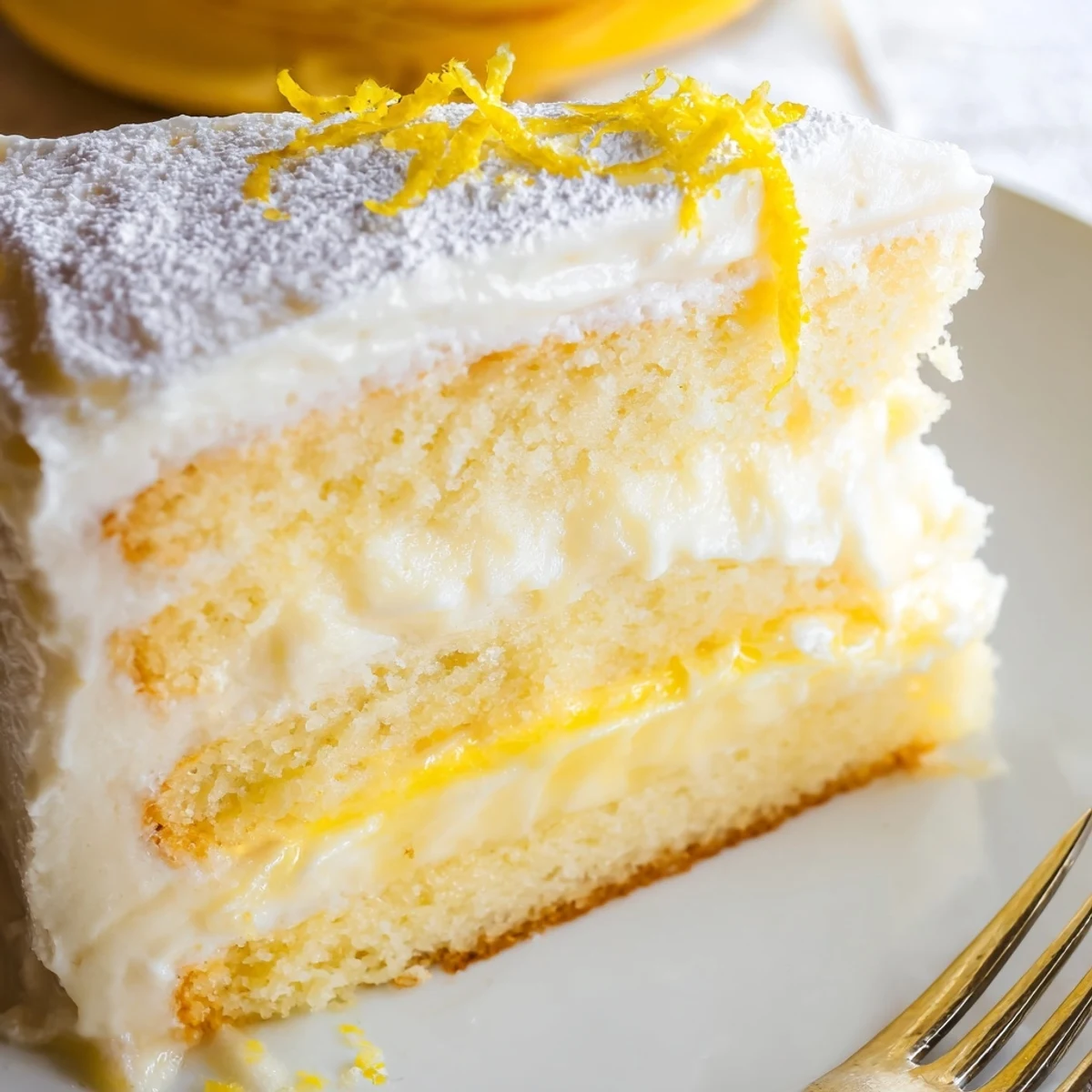 Golden Italian lemon cream cake slice with fluffy mascarpone filling dusted in powdered sugar