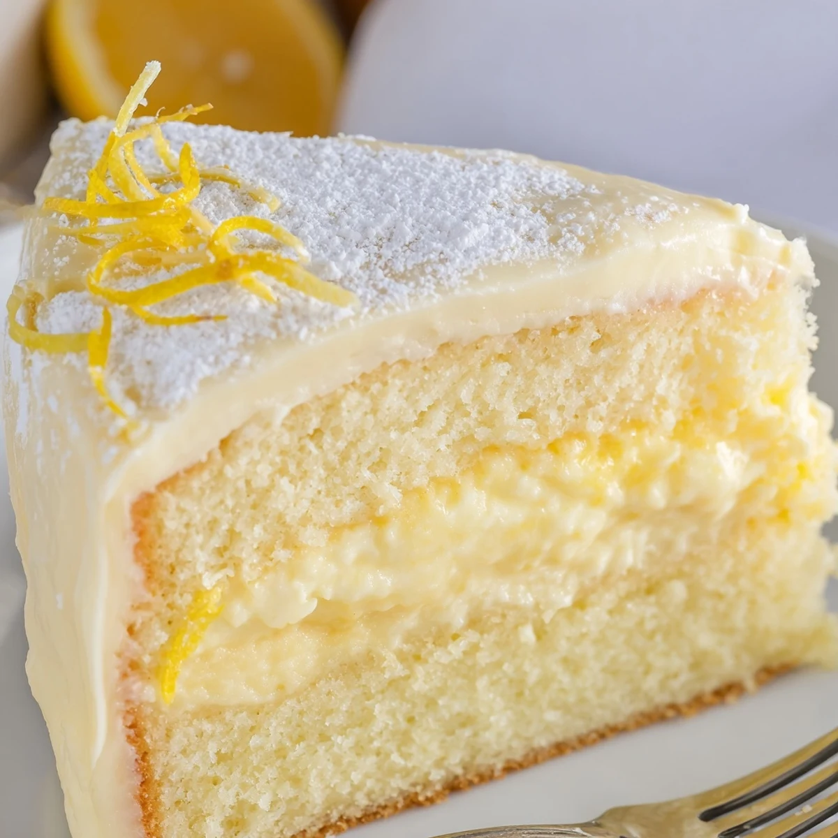 Two-layer Italian lemon cream cake topped with zest and smooth lemon mascarpone frosting