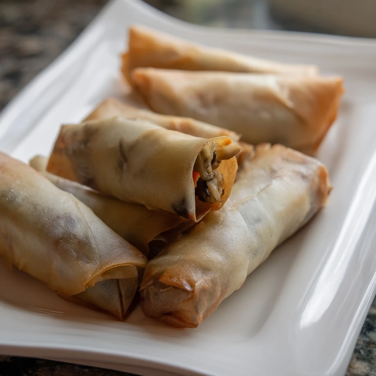 Golden crispy spring rolls filled with colorful vegetables on a white serving plate