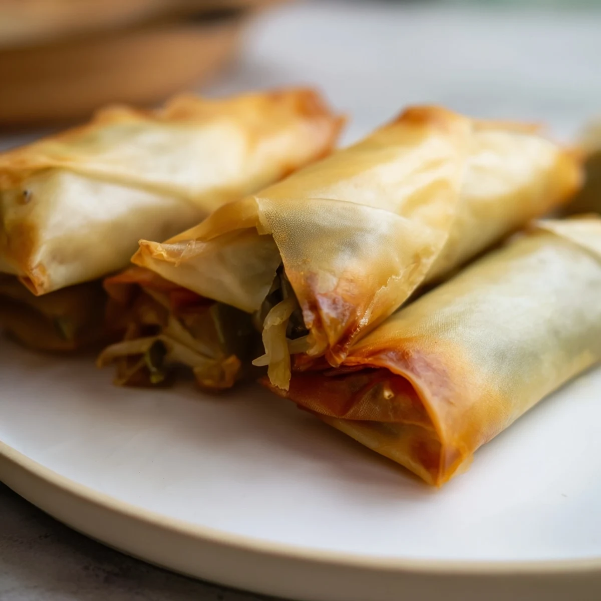 Homemade crispy spring rolls featuring cabbage, carrots, and mushrooms ready for dipping