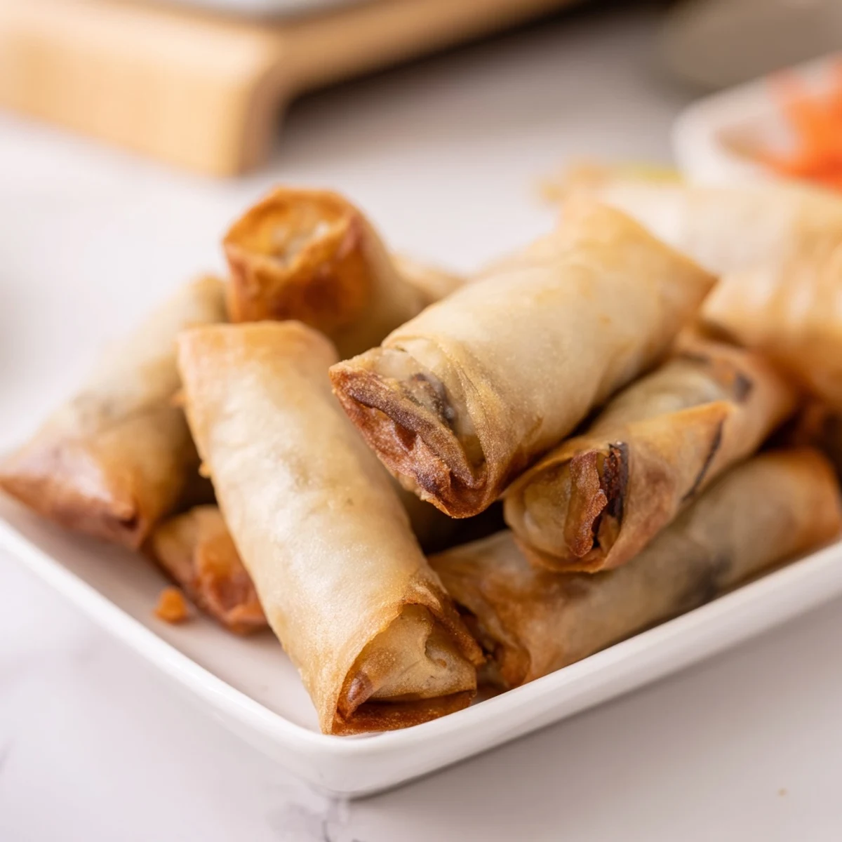 Deep-fried crispy spring rolls with savory vegetable filling served alongside sweet chili sauce