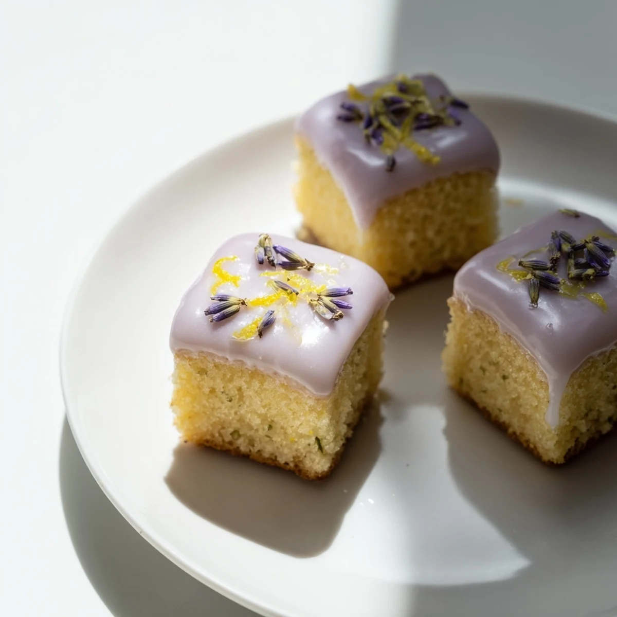 Golden mini lemon cakes drizzled with pale purple lavender glaze on a white cake stand