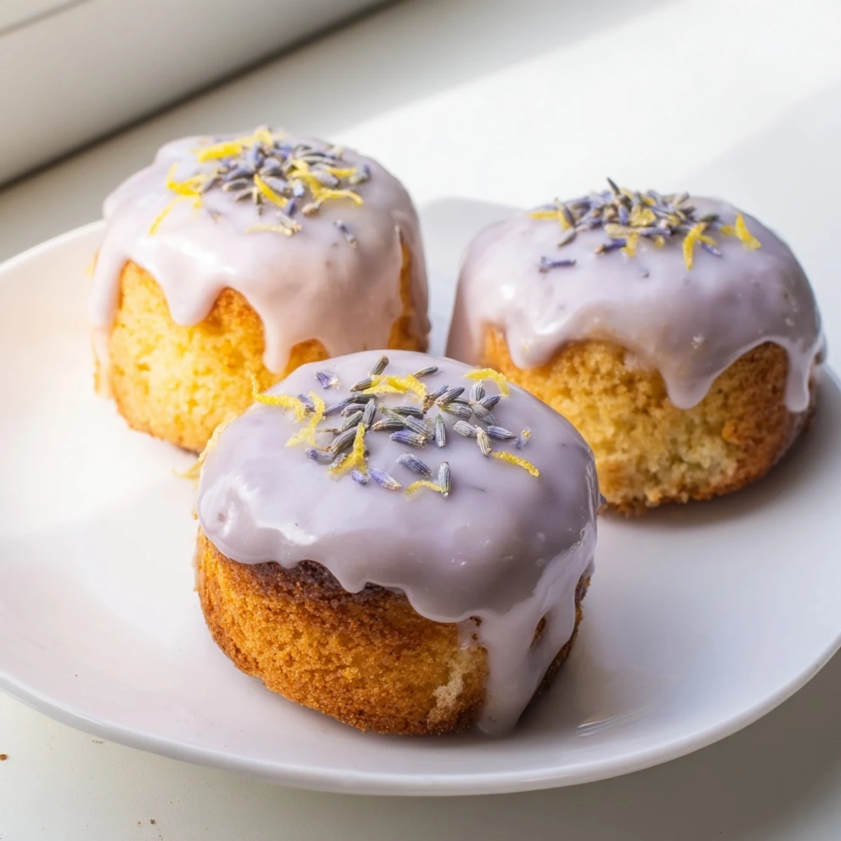 Zesty lemon mini cakes topped with fragrant lavender icing and garnished with fresh lemon zest