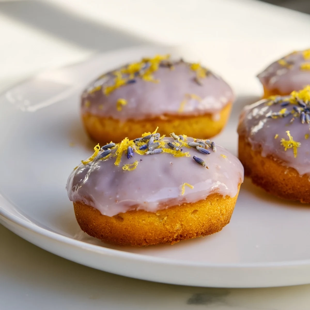 Bundt-shaped lemon cakes coated in smooth lavender glaze with edible flowers scattered on top