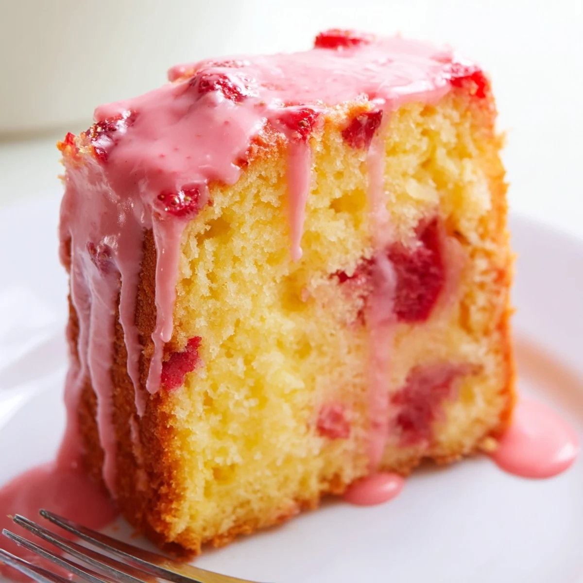 Golden strawberry pound cake slices drizzled with pink strawberry glaze on a white serving plate