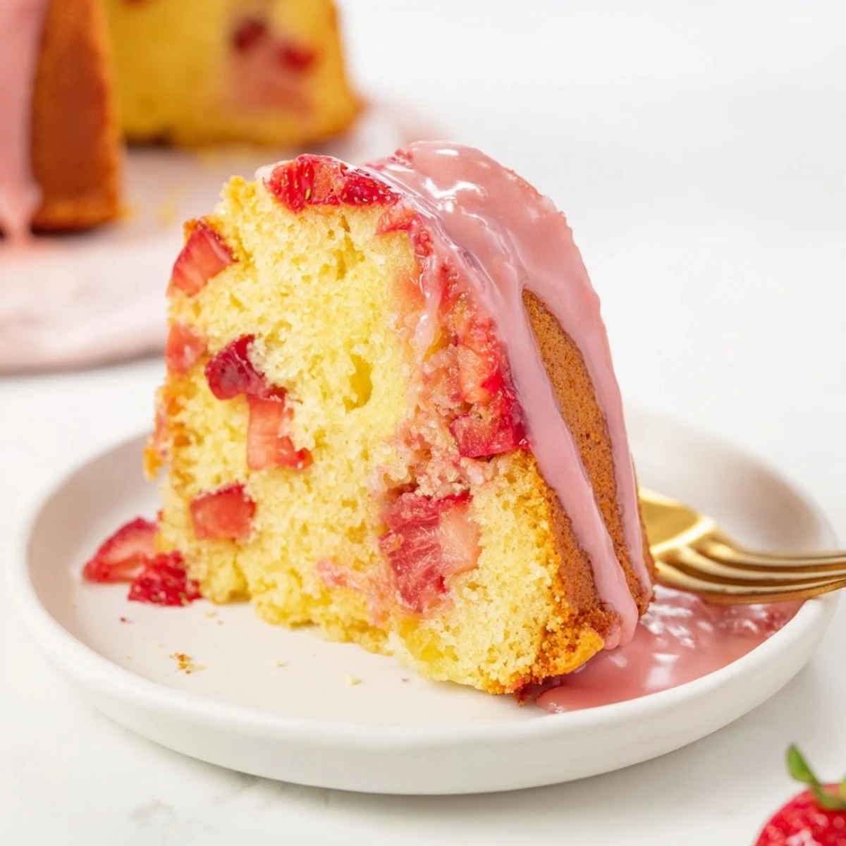 Moist buttery pound cake studded with fresh red strawberries and topped with sweet strawberry icing