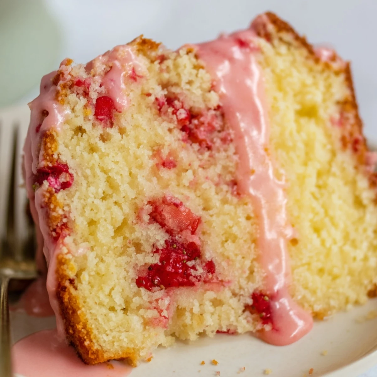 Homemade strawberry pound cake with tender crumb and vibrant strawberry pieces throughout the slice