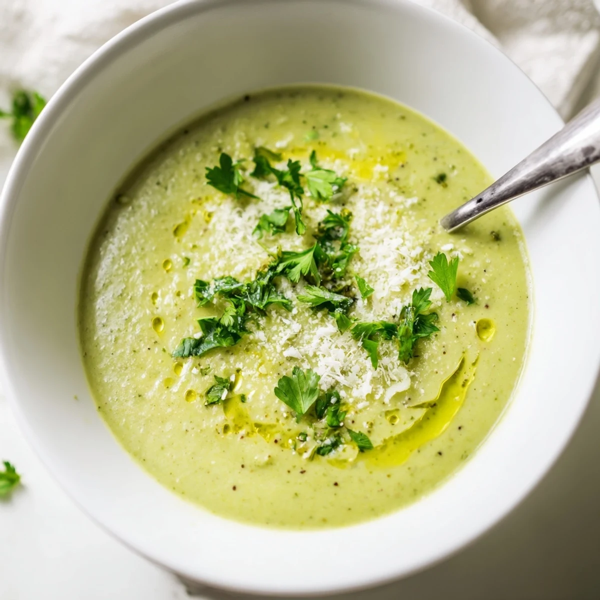 Creamy homemade Italian broccoli soup garnished with grated Parmesan and fresh basil in a white bowl
