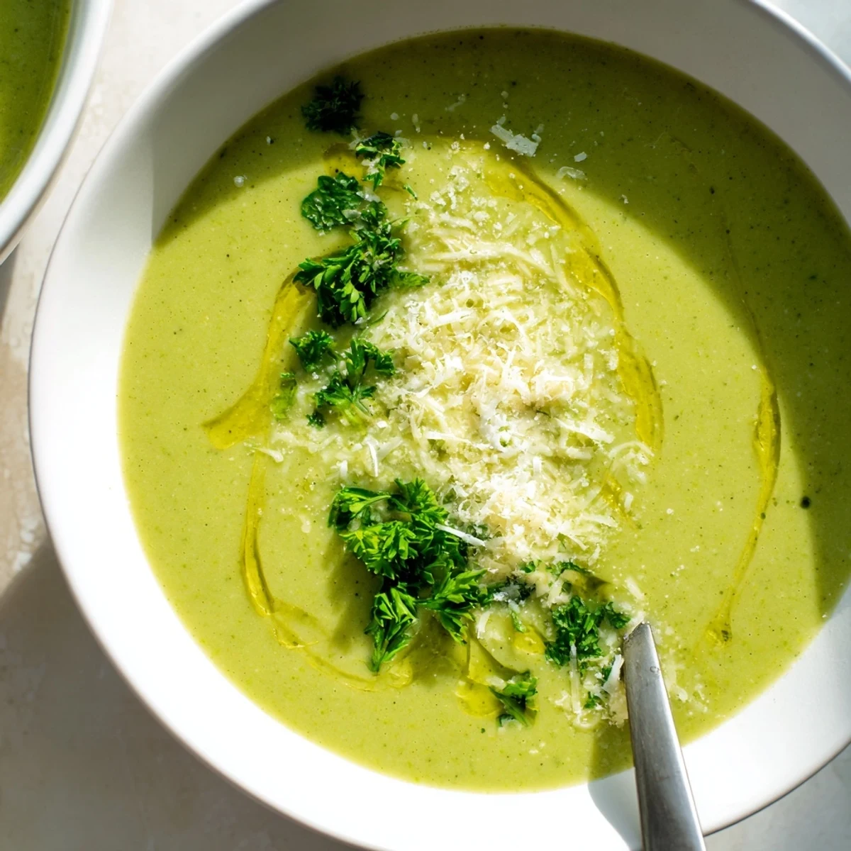 Steaming bowl of smooth homemade Italian broccoli soup topped with herbs and extra Parmesan cheese
