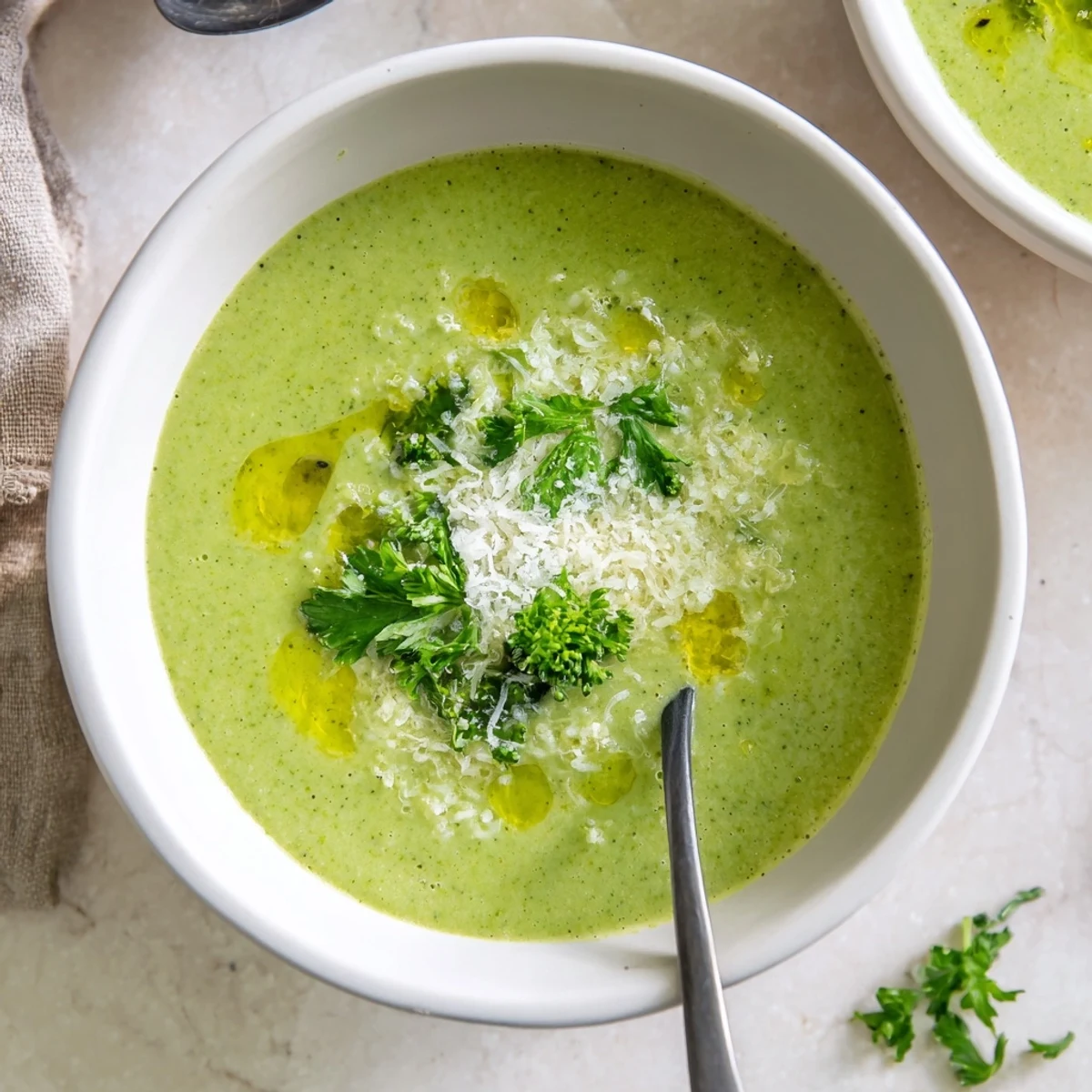 Velvety green homemade Italian broccoli soup drizzled with olive oil and served with crusty bread