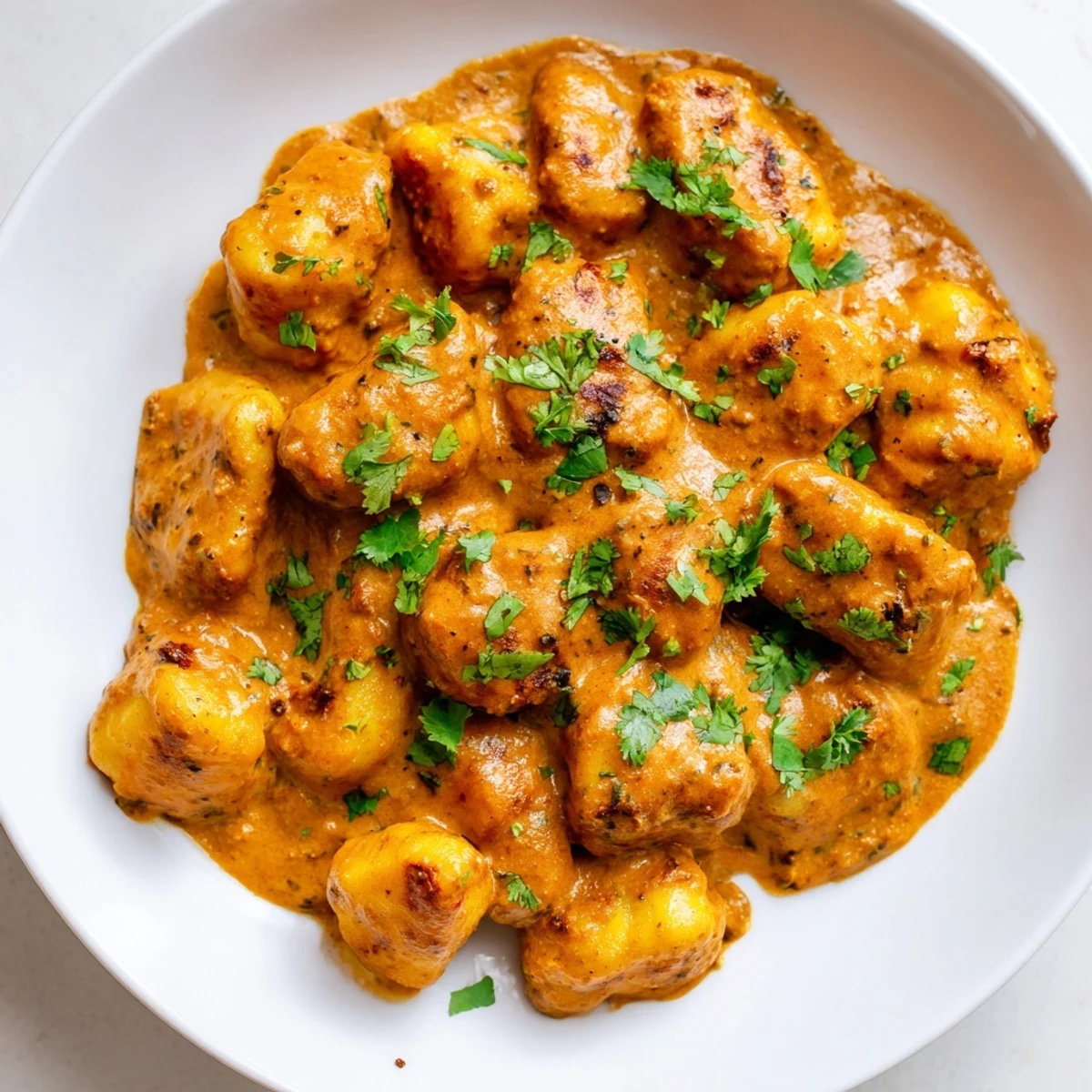 Creamy Tikka Masala Gnocchi served in a bowl topped with fresh green cilantro garnish