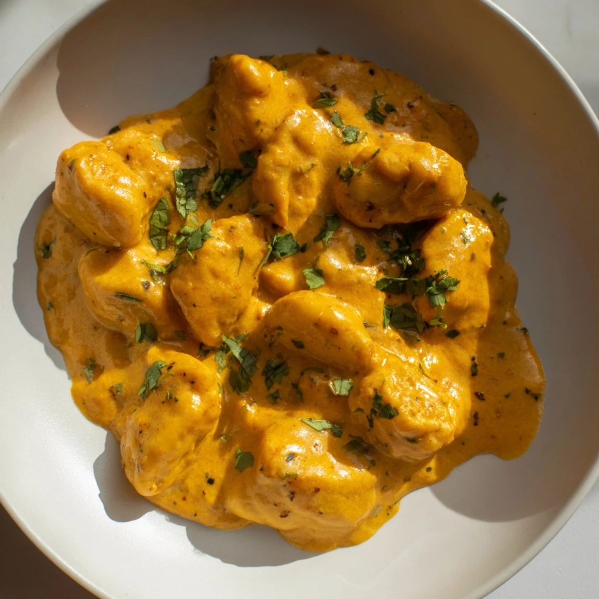 Golden potato gnocchi coated in rich orange spiced tikka masala sauce on a white plate