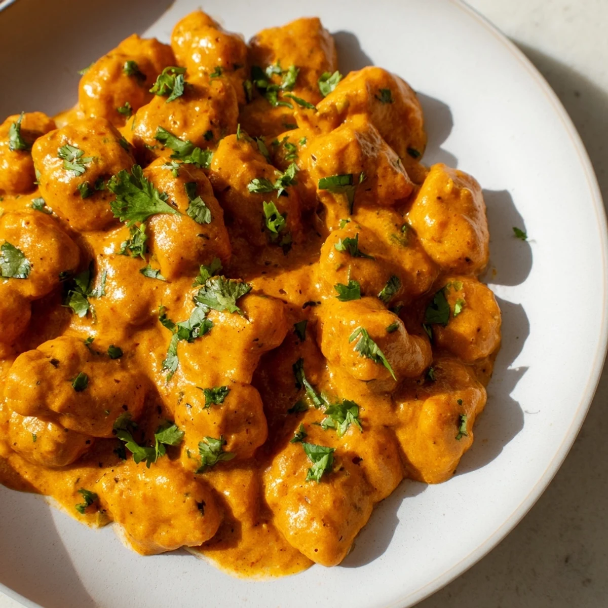 Fusion Tikka Masala Gnocchi featuring pillowy pasta swimming in aromatic Indian-inspired tomato cream sauce