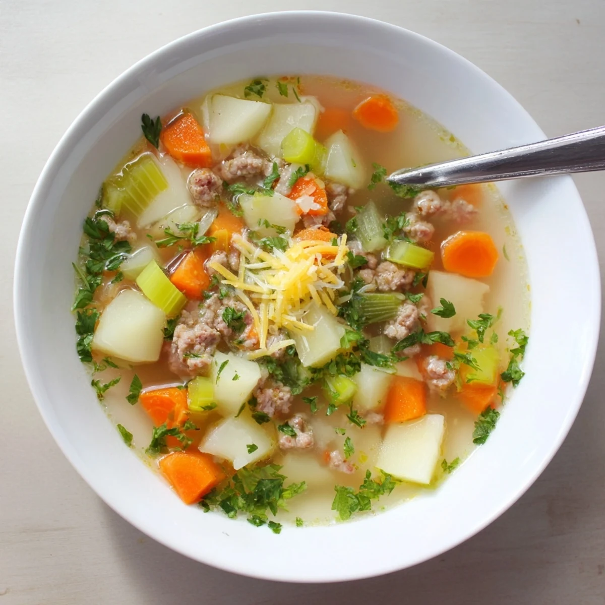 Hearty bowl of simple pork sausage potato soup garnished with fresh parsley and melted cheddar cheese