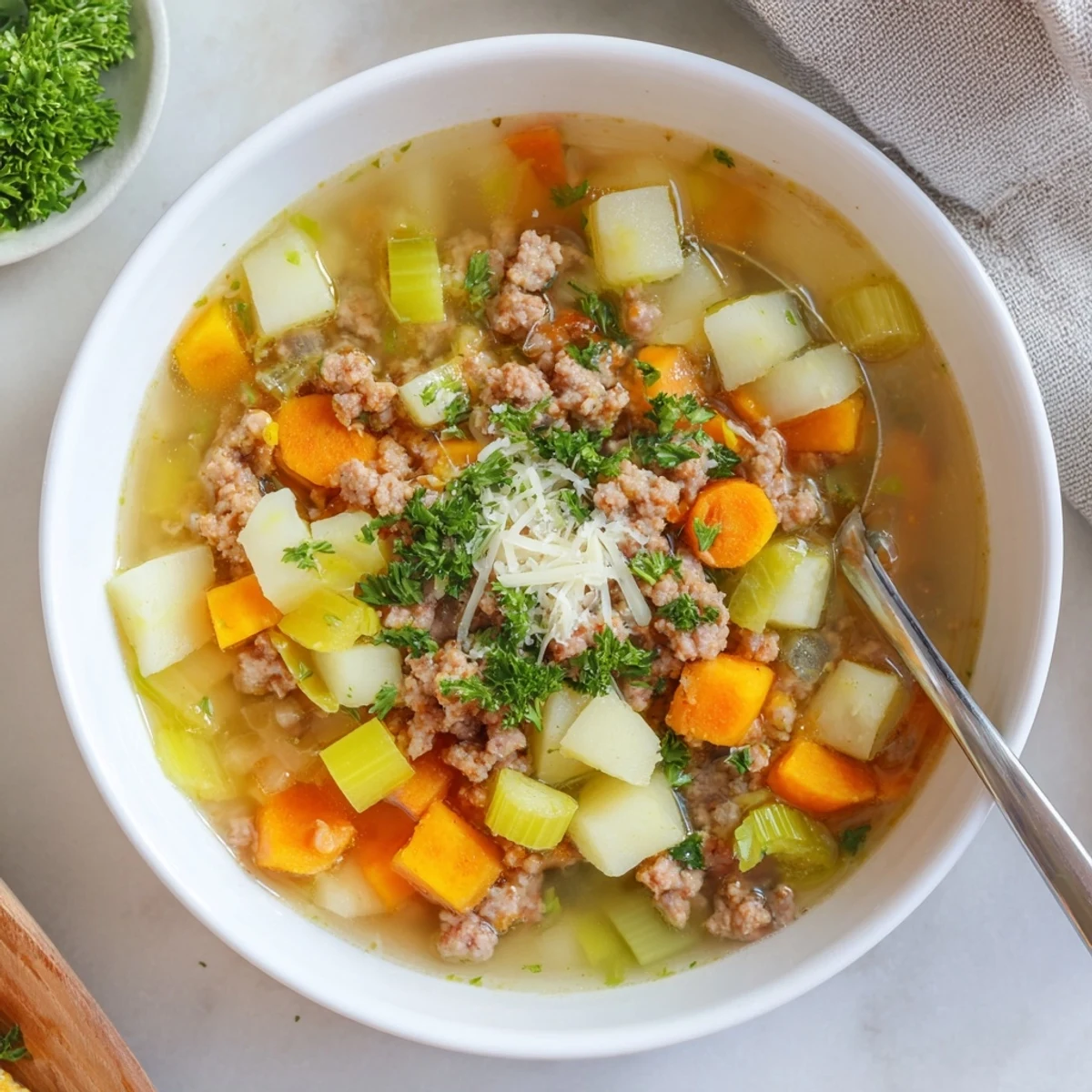 Creamy pork sausage potato soup featuring tender potato chunks and savory crumbled sausage in a rich broth
