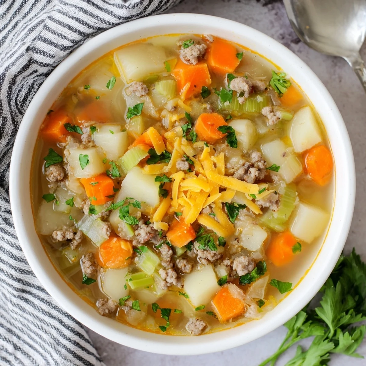 Steaming hot pork sausage potato soup with diced vegetables and creamy broth served in a rustic bowl