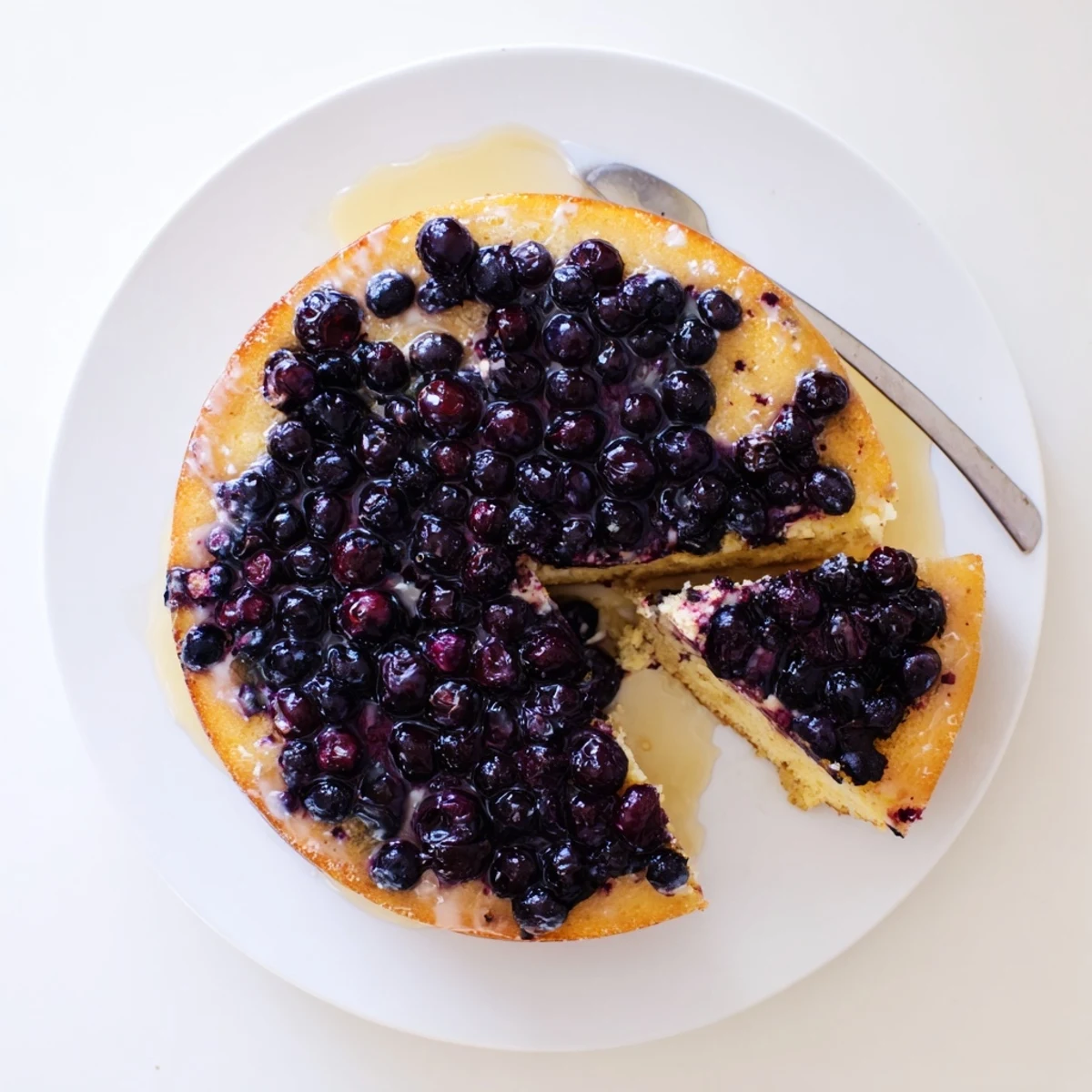 Slices of moist blueberry upside down cake revealing the juicy purple fruit layer underneath