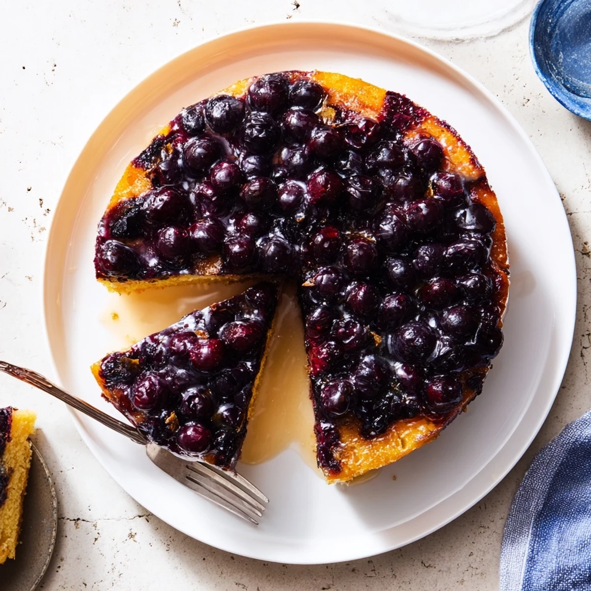 Golden blueberry upside down cake with caramelized fruit topping on a white serving plate