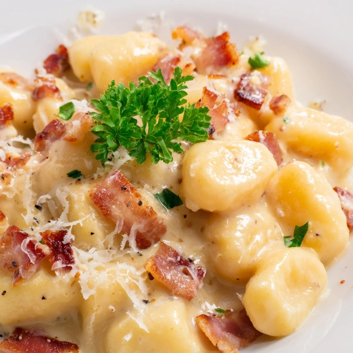 Creamy gnocchi carbonara with crispy bacon and freshly grated Parmesan cheese in a white bowl