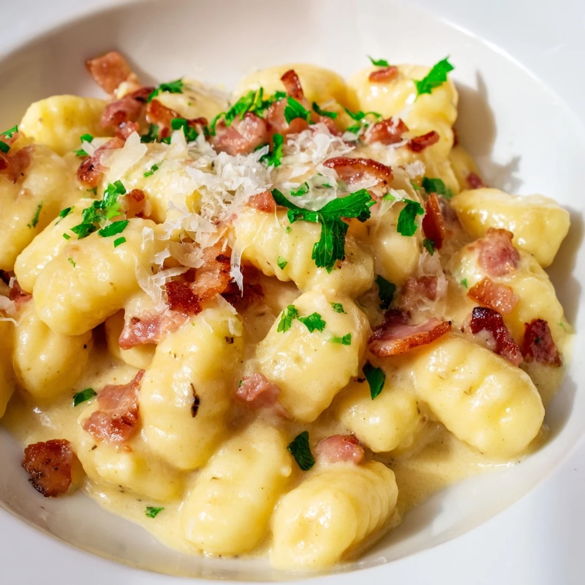 Steaming plate of gnocchi carbonara featuring crispy pancetta and Parmesan shavings garnished with fresh parsley