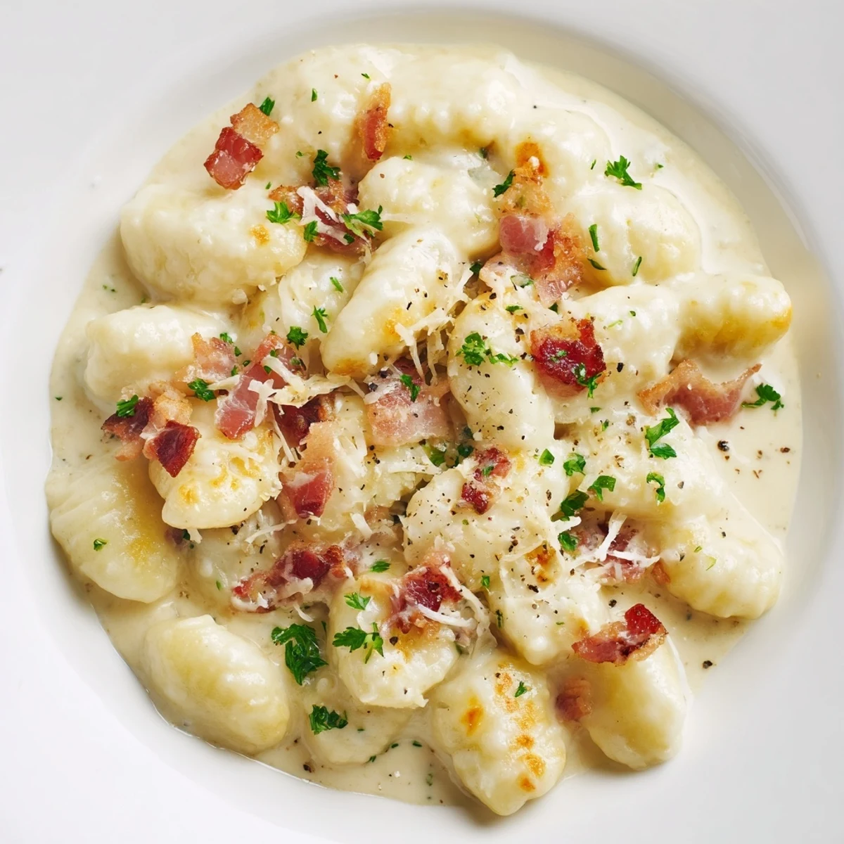 Golden potato gnocchi tossed in rich egg carbonara sauce with savory bacon bits and black pepper