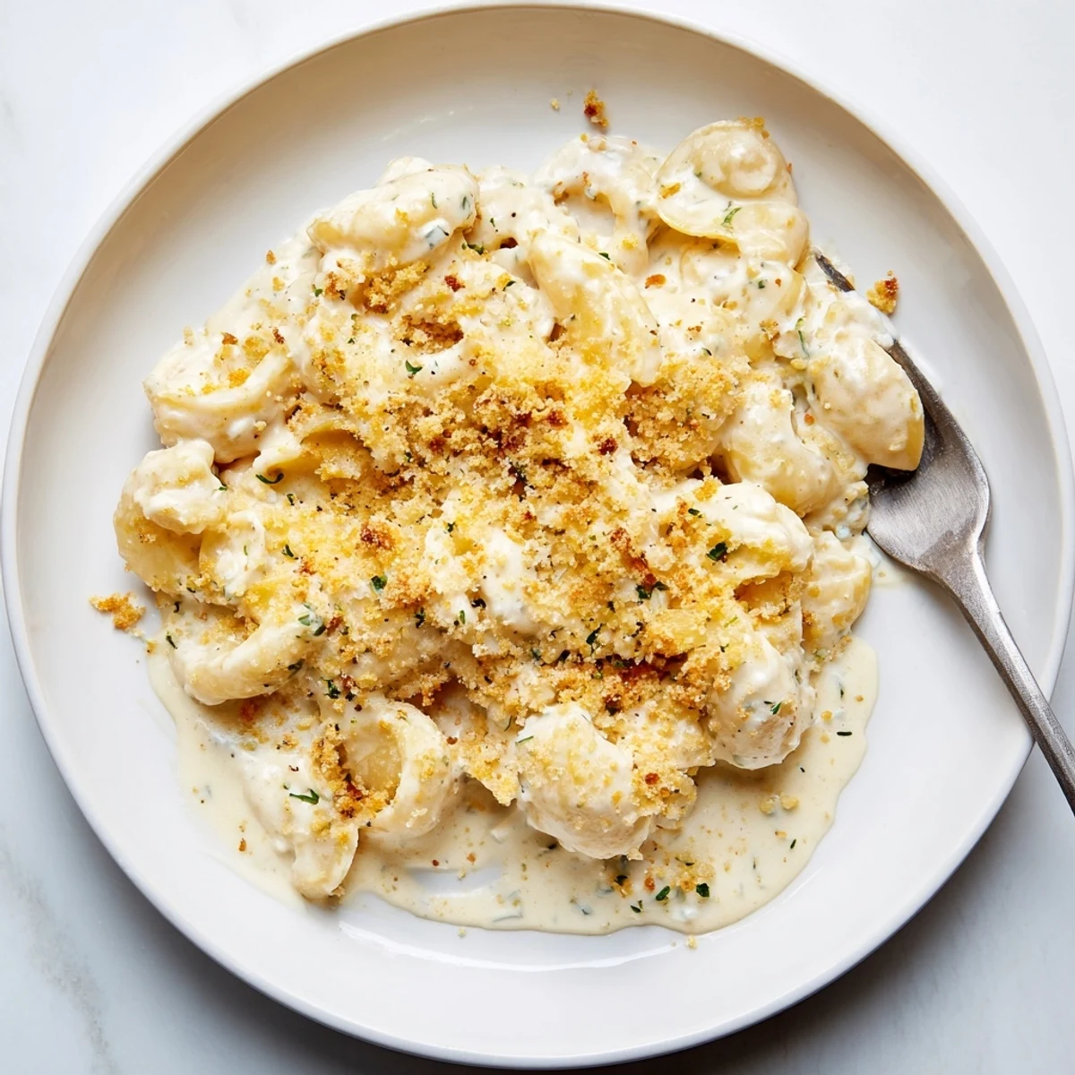 Creamy Boursin mac and cheese topped with golden panko breadcrumbs in a white serving bowl