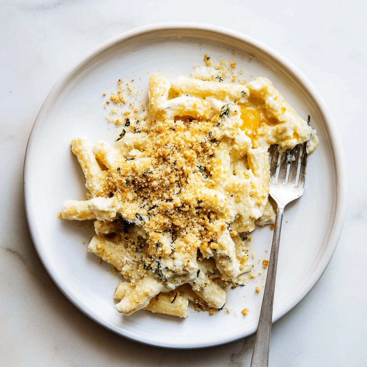 Baked homemade Boursin mac and cheese casserole with crispy buttered Parmesan topping