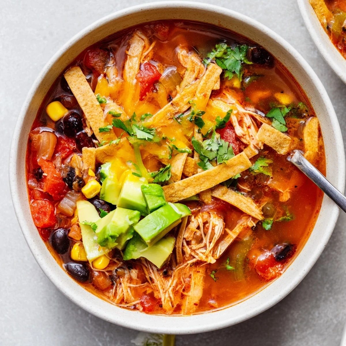 Steaming bowl of classic chicken tortilla soup topped with golden crispy tortilla strips