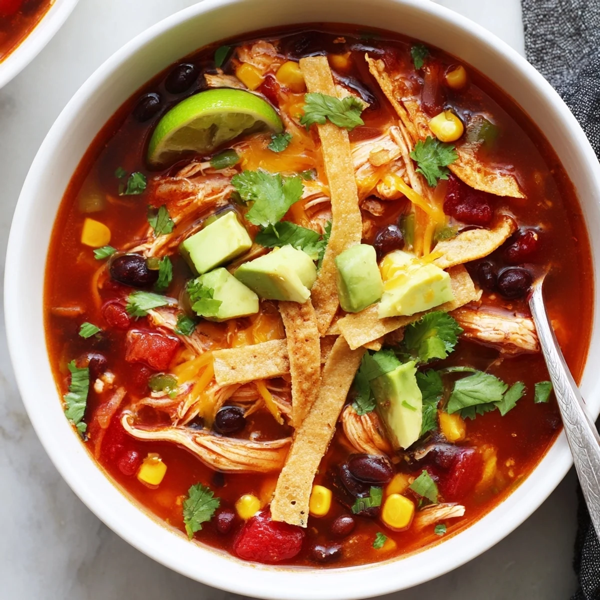 Hearty classic chicken tortilla soup garnished with fresh avocado cilantro and shredded cheese