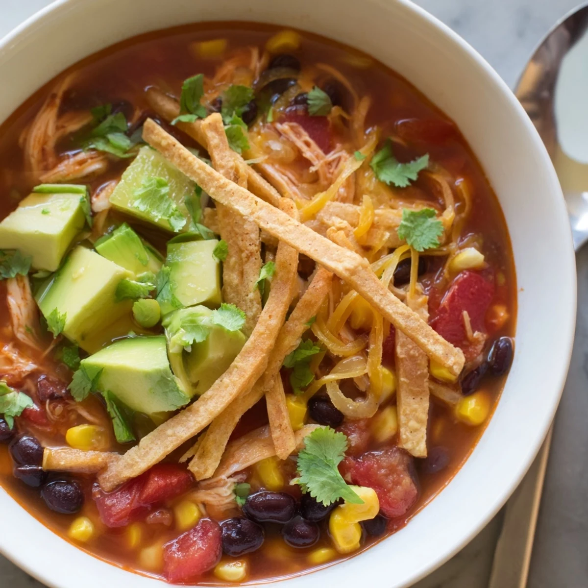 Colorful classic chicken tortilla soup featuring tender chicken black beans and zesty spices