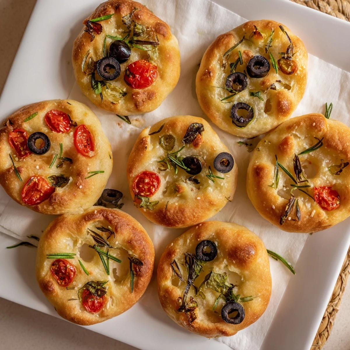 Fluffy individual Italian focaccia breads with dimpled crust and olive oil drizzle