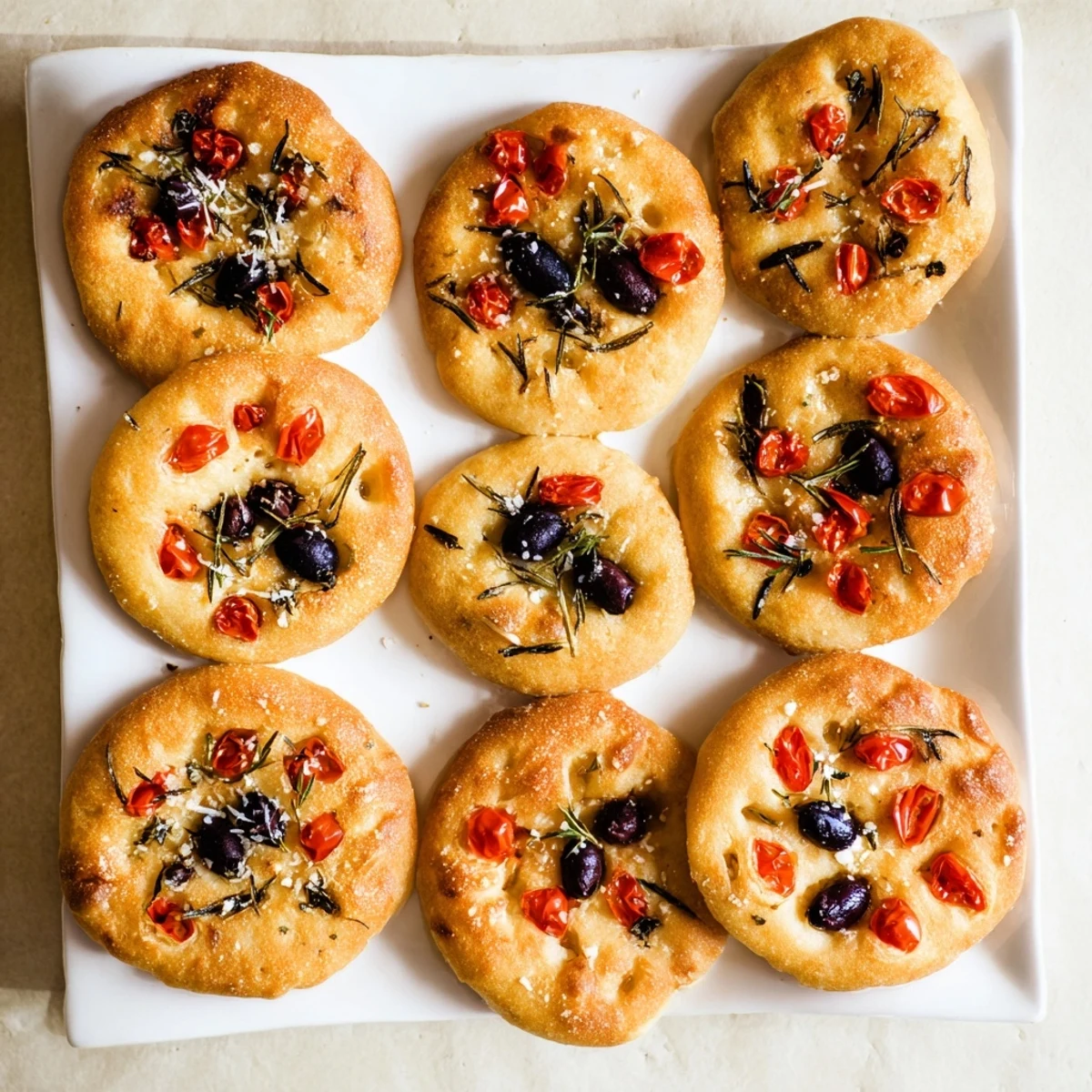 Golden brown crispy mini focaccia topped with rosemary sea salt and cherry tomatoes