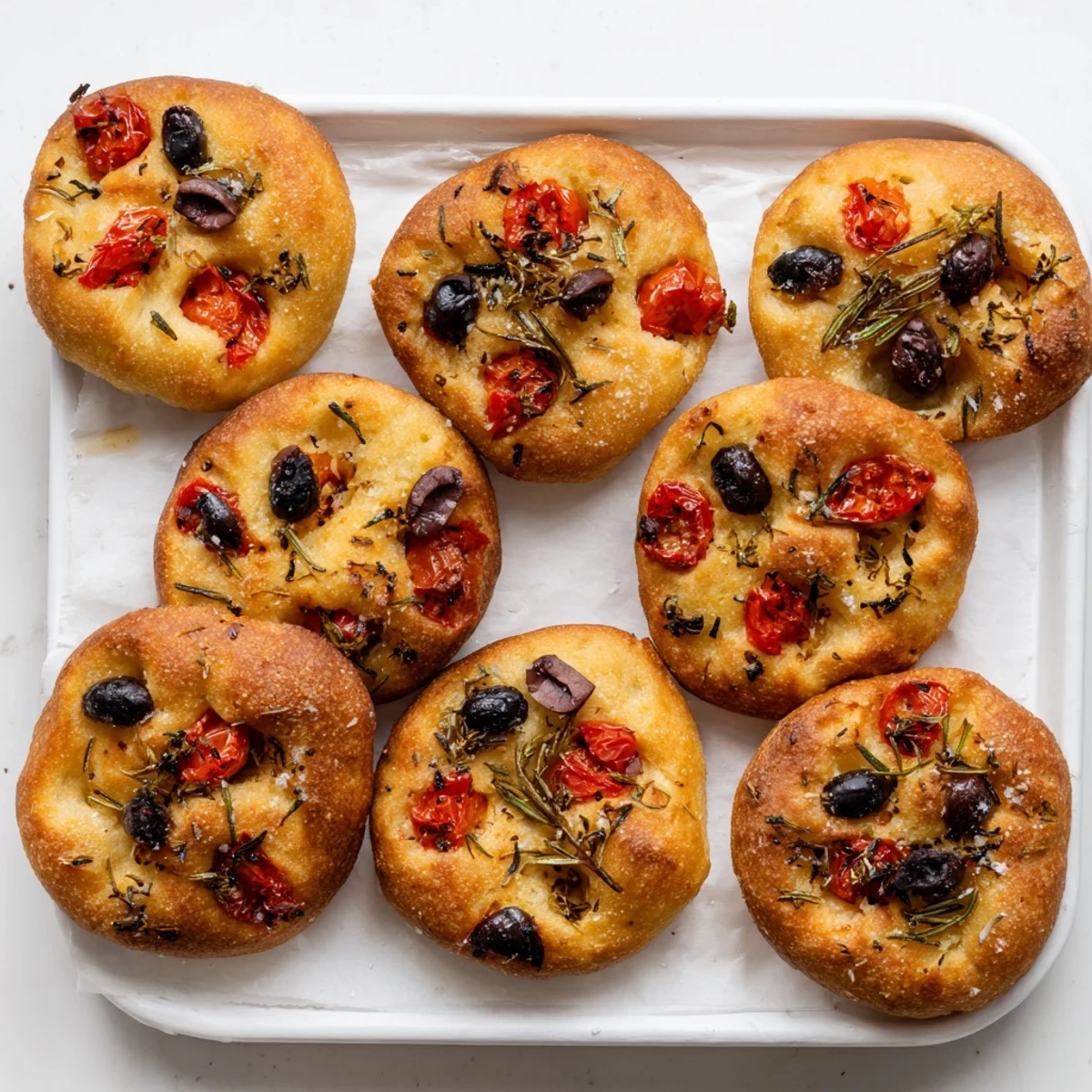 Warm mini focaccia bites sprinkled with flaky salt fresh rosemary and black olives