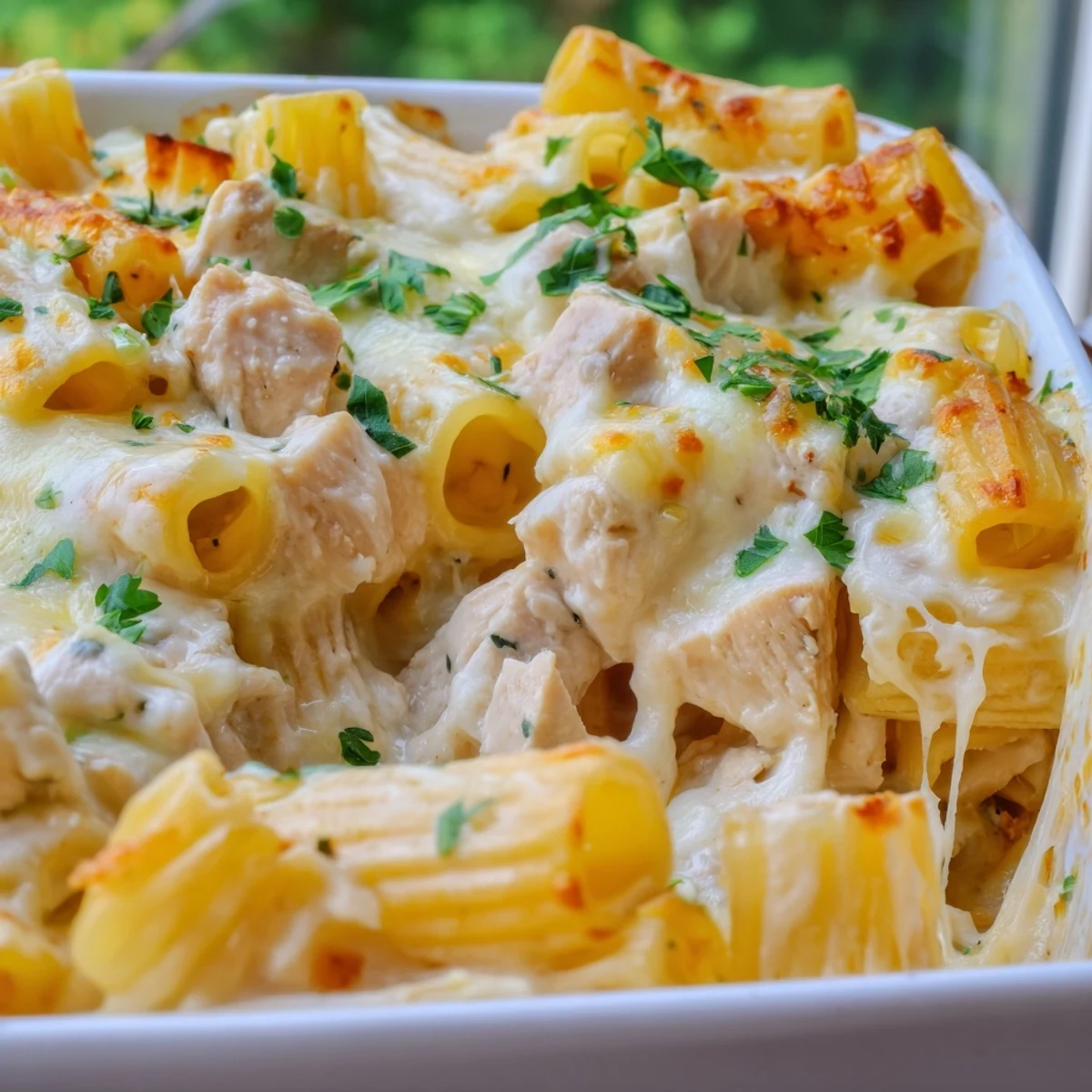 Golden baked cheesy garlic chicken rigatoni casserole with bubbling mozzarella and parsley garnish