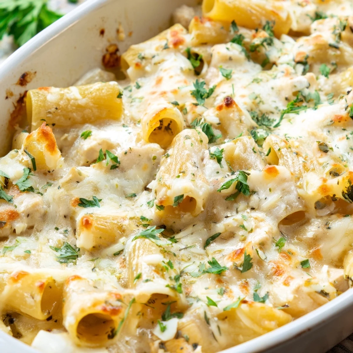 Creamy garlic chicken rigatoni pasta casserole fresh from oven with melted cheese topping