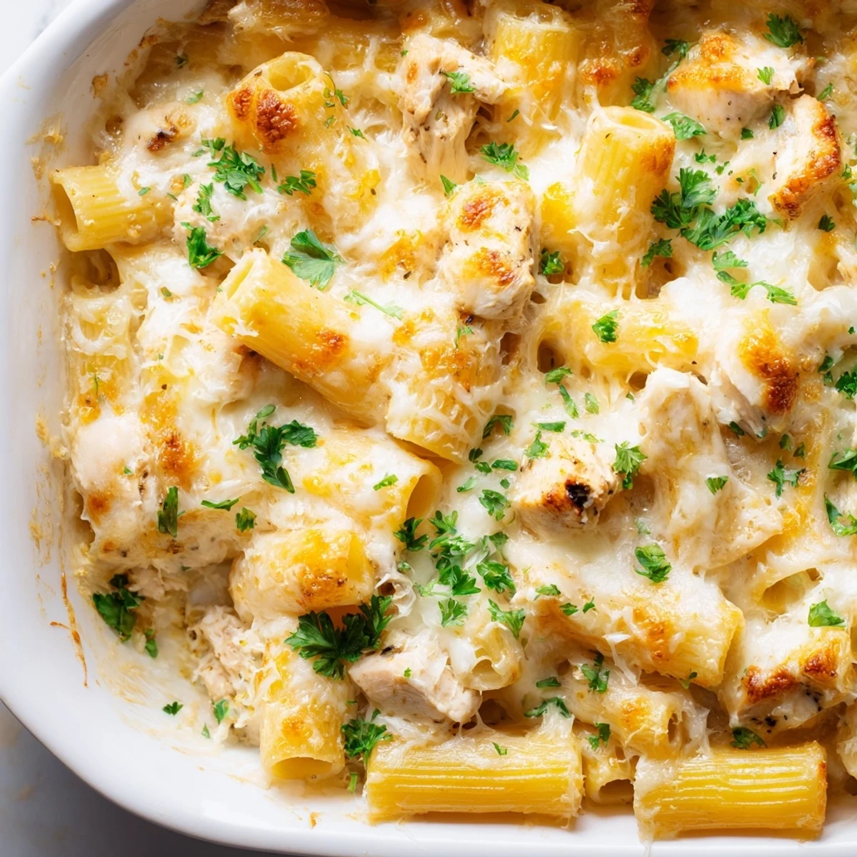 Hearty chicken rigatoni casserole in rich garlic cheese sauce baked until golden and bubbly