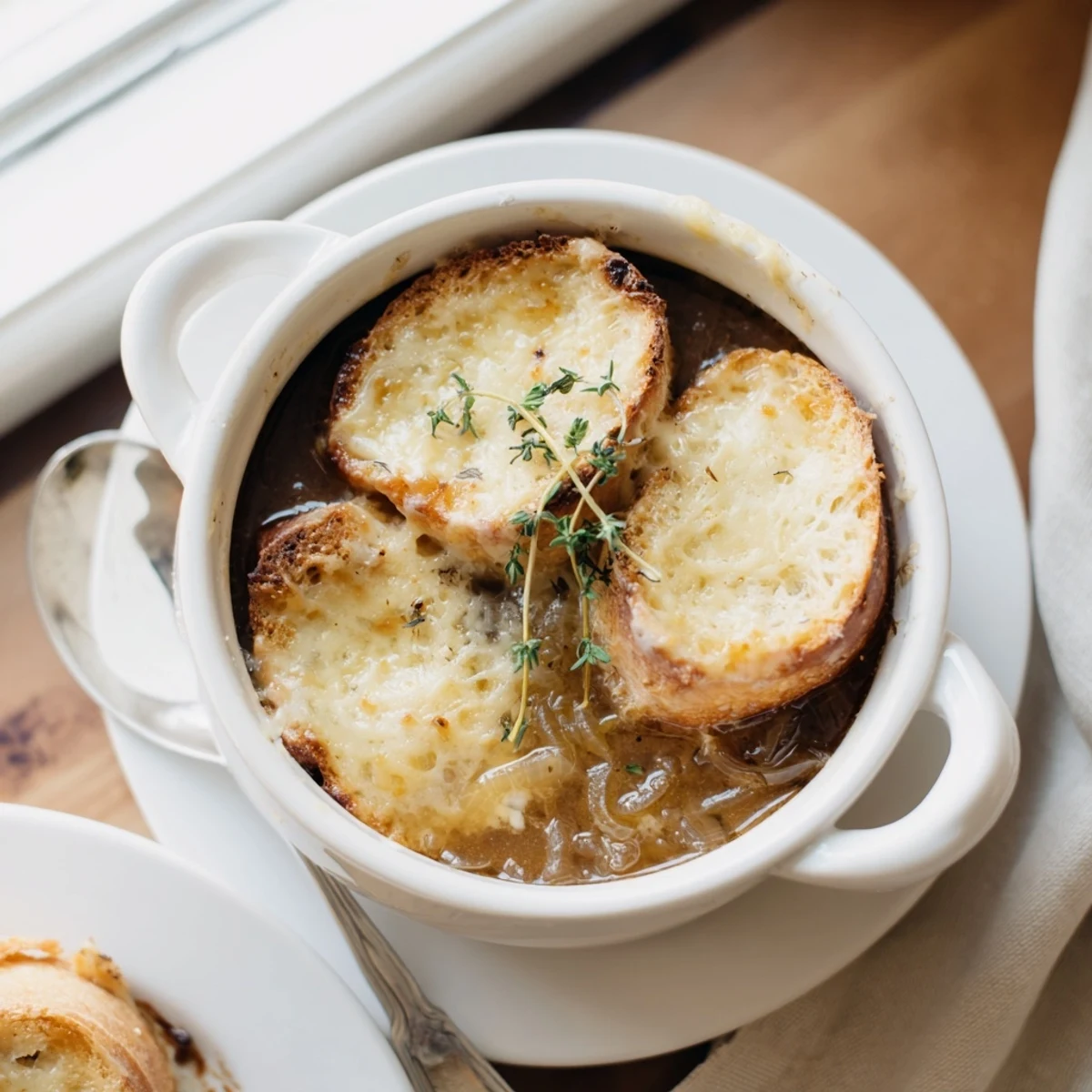 Bubbling Gruyère cheese tops this comforting slow cooker French onion soup in oven-safe bowls