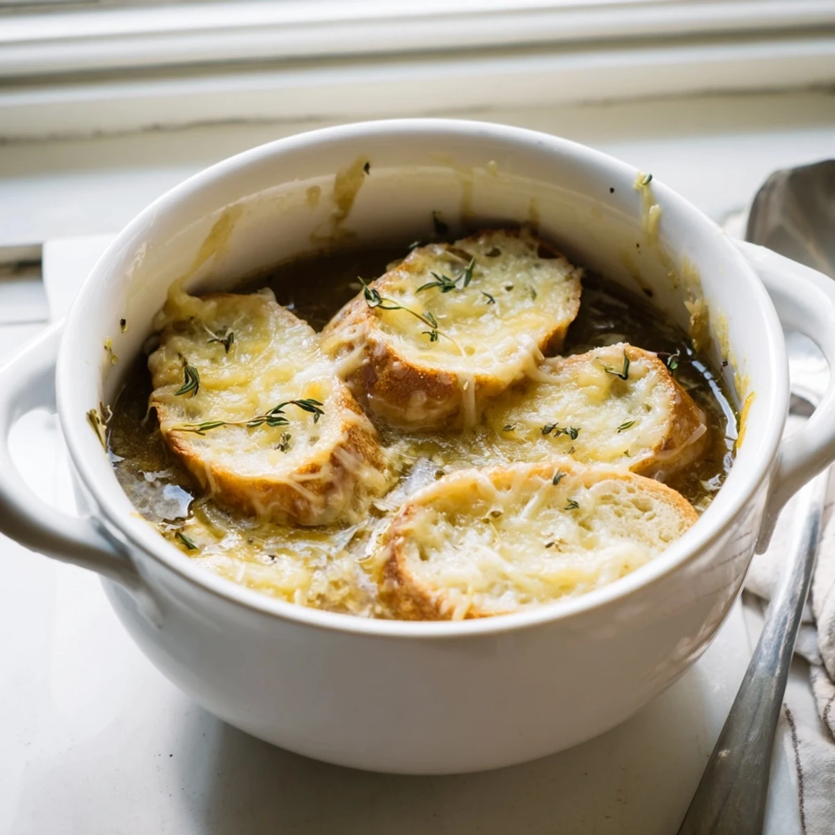 Rich caramelized onions in savory slow cooker French onion soup with cheesy bread floating