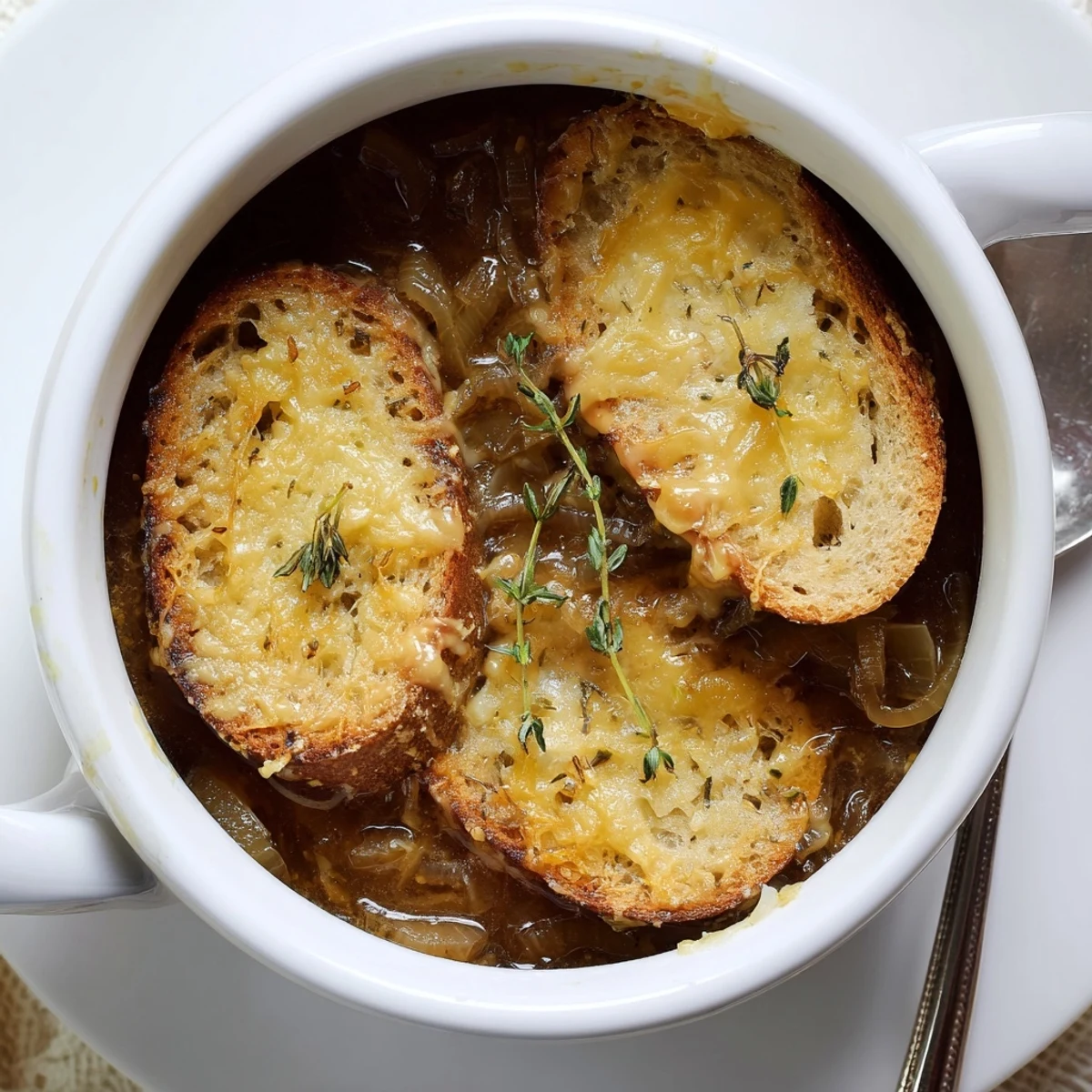 Golden slow cooker French onion soup topped with melted Gruyère and crusty baguette