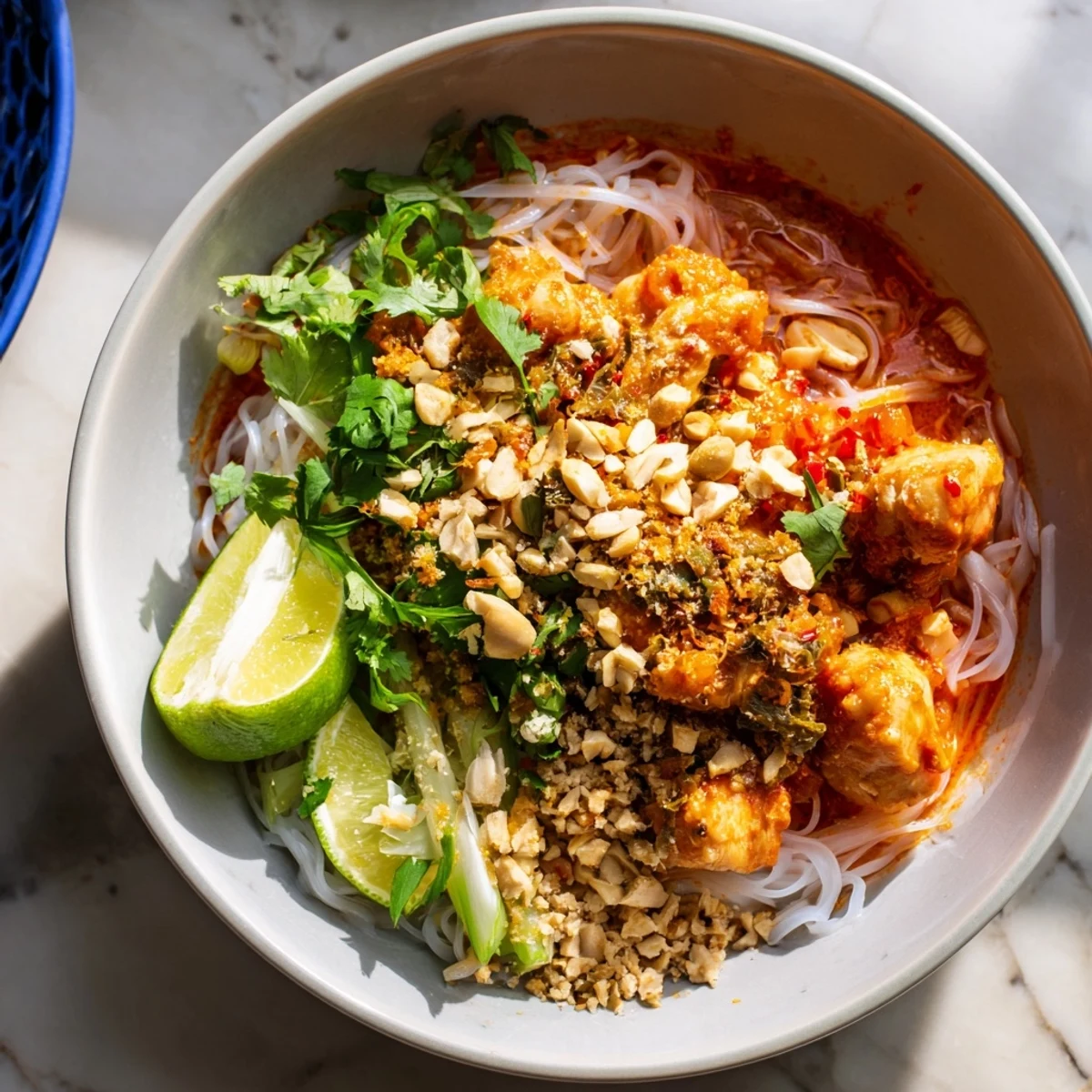 Golden Shan Noodles topped with chicken, peanuts, pickled mustard greens, and fresh herbs